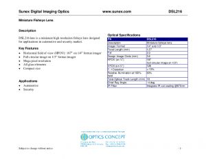 Spcifications superfisheye DSL216